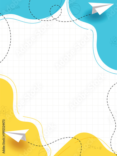 Back to School Abstract Background Template Clipart. School design with copy space layout, grid background and education elements such as paper plane and doodle line for classroom materials