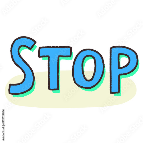 Cute hand-drawn STOP lettering illustration in blue with mint green shadow, pop art text clipart on white background