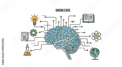Illustration of a stylized brain with interconnected circuits, symbolizing artificial intelligence, neural networks, and cognitive processes, surrounded by science and innovation icons