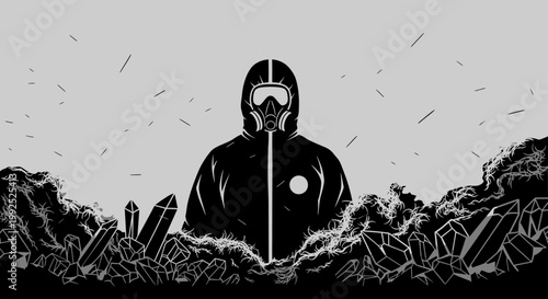 person in a hazmat suit stands in a dangerous post-apocalyptic landscape with mysterious crystals and thorny vines perfect for sci-fi concepts.