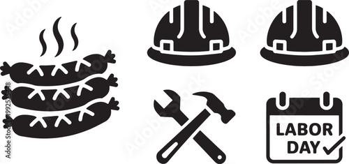 Black and white representing labor day celebration with food and tools holiday sausages