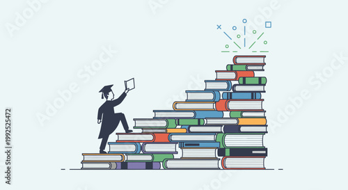 Illustration of a graduate climbing a stack of books with a diploma in hand on a white background with a celebratory mood.