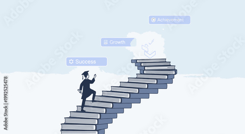 A businessman climbs a staircase made of books towards a bright light representing knowledge and success in a conceptual illustration with a dreamy mood.
