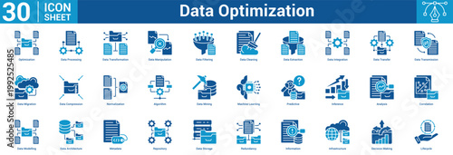 Data Optimization editable icon set vector illustration concept for business with icon of Optimization, Data Processing, Data Transformation, Data Manipulation, Data Filtering, Data Cleaning, Dat.