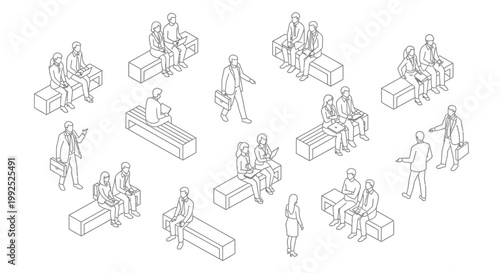 isometric people in business meeting and waiting room scenes diverse group interactions