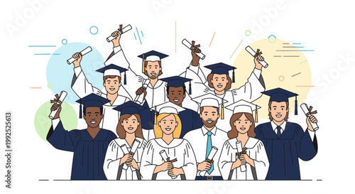 Illustration of a diverse group of graduates wearing caps and gowns, holding diplomas and celebrating in a colorful, flat design with a white background.