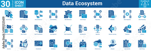 Data Ecosystem editable icon set vector illustration concept for business with icon of Data Strategy, Data Governance, Data Architecture, Data Modelling, Data Warehouse, Data Storage, Repository.