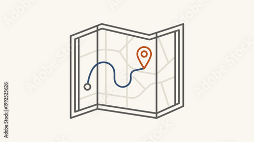 Illustration of a folded map with a blue route line and orange location pin on a white background.
