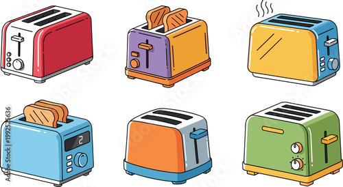 Modern toaster set with colorful kitchen appliances and bread slices vector illustration collection isolated on light background