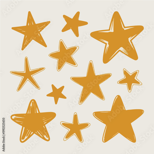 Set of hand drawn gold star doodles, organic yellow sparkle and twinkle icons isolated on light gray background