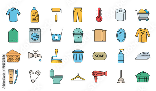 Laundry and Cleaning Line Icons Set. Washing Machine, Clothes, Household, Washing, Clean Symbol Editable Stroke