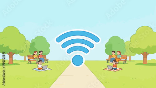People using laptops in park with WiFi symbol