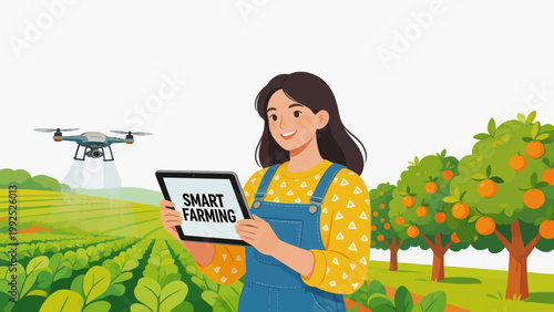 Woman with tablet and drone in farm