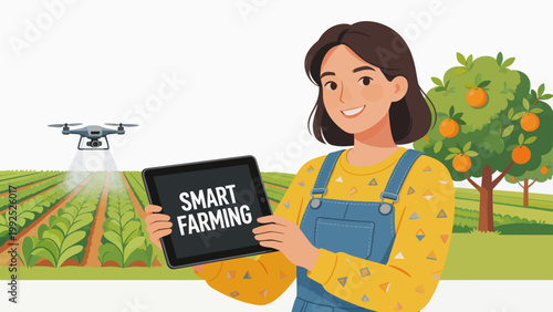 Woman holding tablet with smart farming text