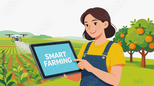 Woman with tablet in smart farming field