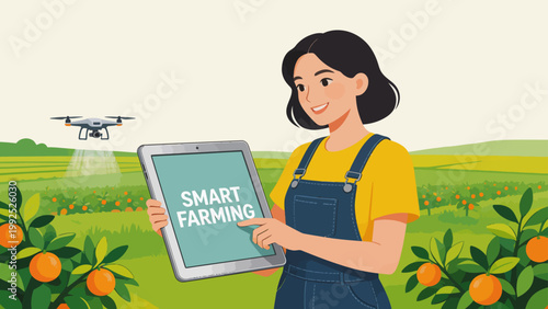 Woman with tablet and drone in orange grove