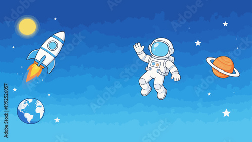 Cartoon astronaut in space with rocket and planets