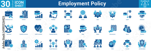 Employment Policy editable icon set vector illustration concept for business with icon of Employment Law, Contract, Employment, Employer, Employee, Worker, Labor, Protest, Layoff, Severance.