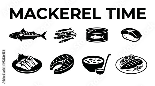 A comprehensive collection of mackerel preparations, showcasing various culinary forms from fresh fish to canned products, sushi, grilled fillets, and hearty soups for healthy eating options