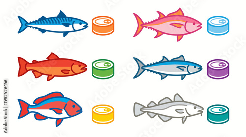 Collection of assorted fish illustrations with their corresponding tin cans, showcasing variety and seafood options