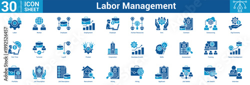 Labor Management editable icon set vector illustration concept for business with icon of Labor, Worker, Employee, Employment, Employer, Human Resources, Hrm, Contract, Outsourcing, Gig Economy, Par.