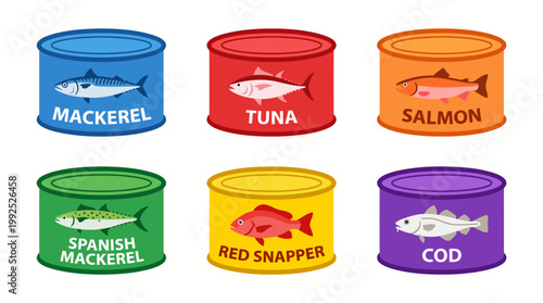 Colorful vector illustration of diverse canned fish, featuring popular seafood types like tuna, salmon, and mackerel, ideal for healthy eating and convenient grocery product designs