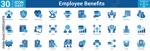 Employee Benefits editable icon set vector illustration concept for business with icon of Employee Benefits, Disability Insurance, Health Insurance, Retirement, Severance, Salary, Wage, Wages.