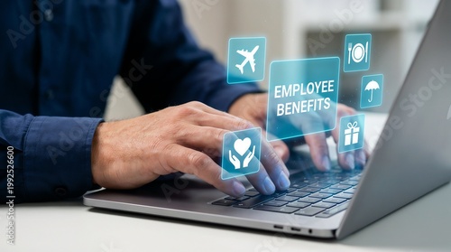 Professional interaction with a bright digital employee‑benefits dashboard, showcasing icons of wellness programs, travel perks, insurance coverage, and workplace rewards in a modern HR tech environme
