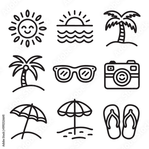 Set of hand drawn summer holiday icons, black line art doodle vacation symbols isolated on white background