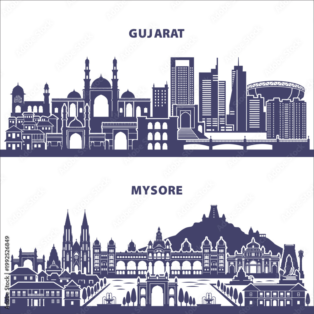 Fototapeta premium Gujarat Ahmedabad and Mysore Skyline Silhouette Vector Set