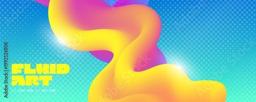 Bright 3d fluid art thick wavy yellow and pink gradient shape on a blue halftone dotted background
