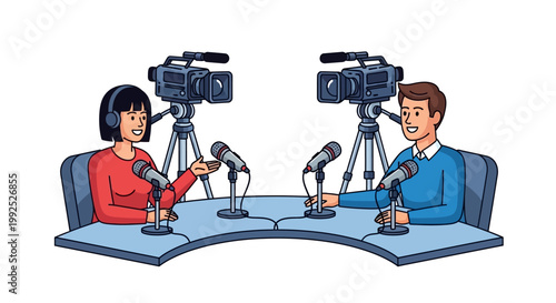 Two people sitting at a news desk.