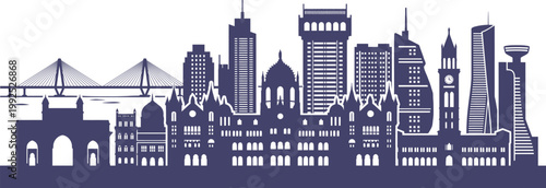 Maharashtra Mumbai Skyline Solid Monochrome Silhouette Vector
