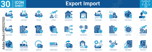 Export Import editable icon set vector illustration containing business with icon of Export Cargo, Import Cargo, Sea Export, Air Import, Export Warehouse, Import Storage, Export Strategy, Import.