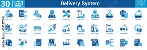 Delivery System editable icon set vector illustration containing business with icon of Delivery Process, Delivery Status, Package Delivery, Cargo Tracking, Cargo Management, Cargo Handling, Cargo.