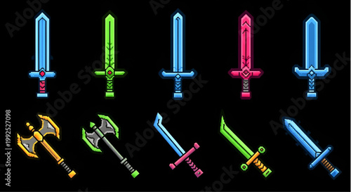 Fantasy Medieval Sword and Battle Axe Pixel Art RPG Assets