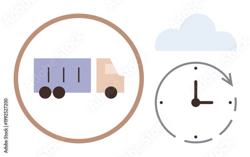 Supply chain, logistics, punctual delivery, freight management, shipment planning, business efficiency. Truck within a circle and a clock timing and transport. Logistics and punctuality visualization