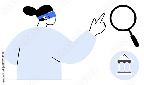 Virtual reality concept. Virtual reality user exploring innovation with a VR headset. Virtual reality applications include gaming, education, research, design, and immersive learning tools