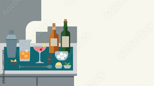 Home Bar Setup with Various Bottles and Cocktail Ingredients.