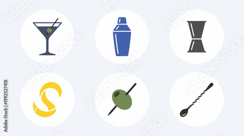 Martini Cocktail Icons Set Glass Shaker Jigger Lemon Peel Olive and Stirrer.