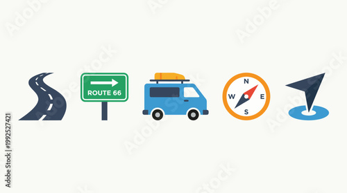 Road Trip Adventure Icons Set for Travel and Navigation.