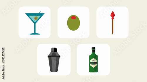 Martini cocktail ingredients and bar tools for mixing drinks.