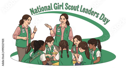 Vector illustration depicting National Girl Scout Leaders Day with two leaders, mentoring a group of young girls in green uniforms, in a cartoon style against a clean white background