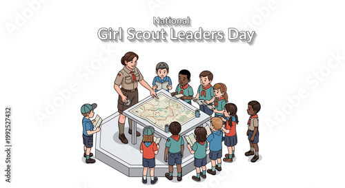 Isometric illustration showing a Girl Scout leader pointing to a map on a hexagonal table while surrounded by a group of children, set against a clean white background in a vector style