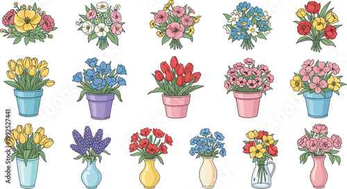 Set of colorful flower arrangements in pots and vases including tulips roses and spring blossoms decorative floral vector collection