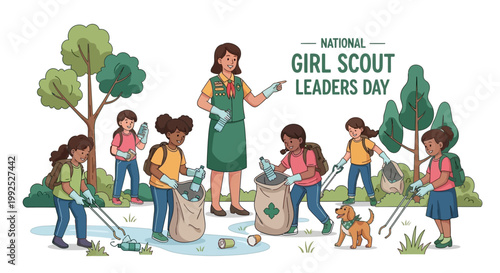 Celebrating National Girl Scout Leaders Day with a vector illustration showing a leader guiding girls in a community service leadership activity, cleaning up trash in an outdoor learning