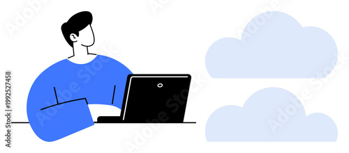 Cloud computing, data storage, remote work, digital connection, online security, internet services. Person working on a laptop next to two abstract clouds. Cloud computing and data storage concept