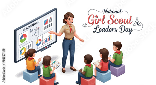 During National Girl Scout Leaders Day, a cheerful scout leader is teaching a group of children about leadership using pie charts and diagrams on a whiteboard in a brightly lit classroom