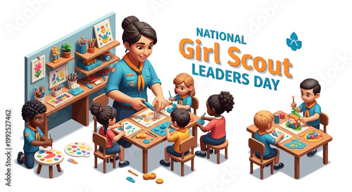 Isometric vector illustration shows a National Girl Scout Leaders Day design featuring a leader guiding children in an art project at tables in a bright room, promoting education
