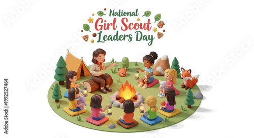 Against a white background, a National Girl Scout Leaders Day illustration depicts a diverse group of girls sitting around a campfire with their leader in a stylized 3D rendering